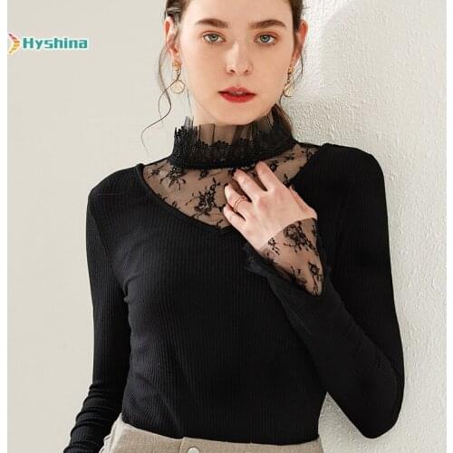 New Lace Stitching Bottoming T-shirt Knitted with Small Shirt Thin Long Sleeve Top Feminine Waist Sweater