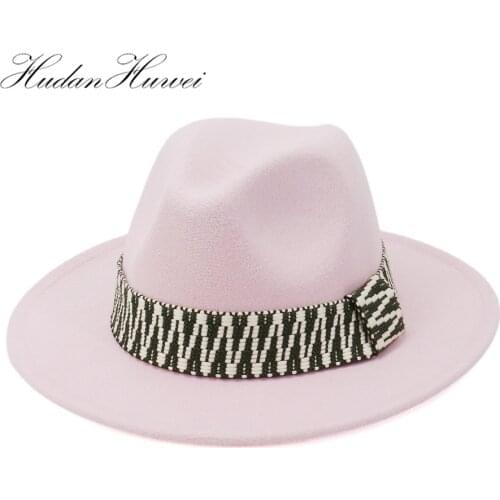 New Style Solid Woolen Jazz Felt Fedora Hat with Wide Brim Church Hats Women Elegant Black Red White Tea Party Cpas