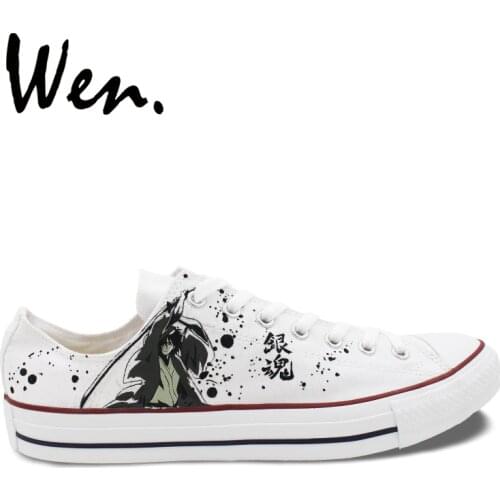 Wen Hand Painted Single Shoes Custom Design Anime Gintama Men And Women Low Top Plimsolls Drawstring White Canvas Sneakers