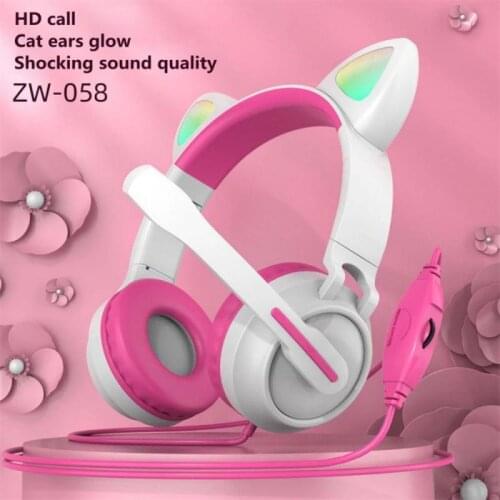 ZW-058 Cat Ear Wired Headphones Bass Noise Cancelling Adults Kids Girl Collapsible Headset RGB Colorful lights With Microphone