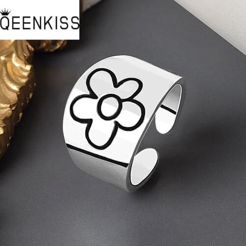 QEENKISS RG601 Fine Jewelry Wholesale Fashion Woman Girl Birthday Wedding Gift Daisy Wide All-Matching 18KT White Gold Open Ring