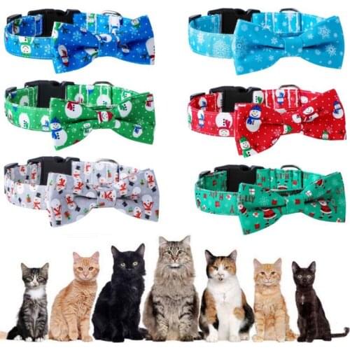 Christmas Dog Collars Adjutable Dog Collars With Bow Tie And Bells For Small Medium Large Pets Santa Snowman Printed Necklace