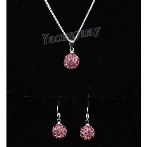 Rose Pink Disco Ball Pendant Earrings And Necklace Crystal Jewellery Set 10 Sets Wholesale