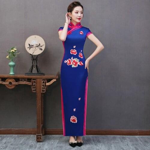 Blue Embroidery Cheongsam Long Qipao Casual Traditional Chinese Silk Dress Vestidos Oriental Style Dresses Evening Gown China