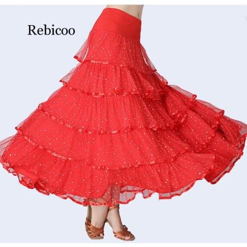 Rebicoo Sequined Ballroom Skirts Flamenco Spain Dancing Skirts for Women New Ruffles Lace Long Elastic Skirts Dance Wear