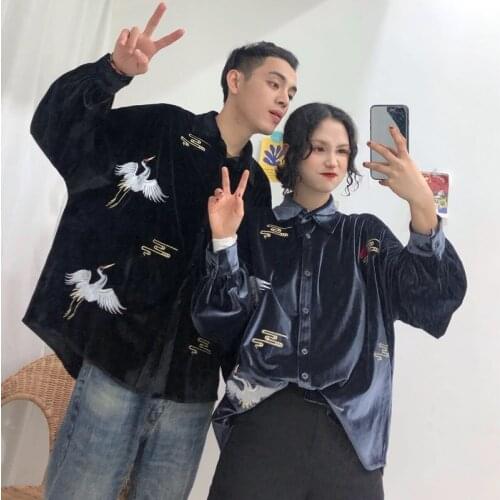 Korean Streetwear Vintage Embroidery Crane Button Turndown Collar Loose Women/Men Blouse Velvet Top Shirt Harajuku Tee FF2260