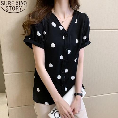 Polka Dot Chiffon Blouse Women Shirts Office Lady Fashion V Neck 2021 Summer Short Sleeve Tops Plus Size Print Clothing 13899