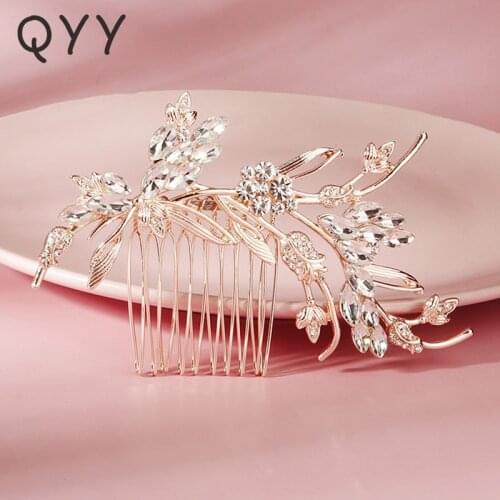 QYY Fashion Crystal Flower Hair Comb Clips for Women Accessories Wedding Rose Gold Color Prom Hair Jewelry Bride Headpiece Gifts