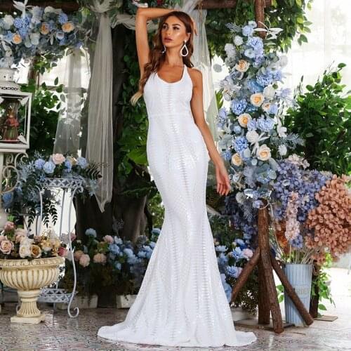 Women White Vestidos de Novias Sexy Spaghetti Straps Sequined Lace Maxi Dress Backless Mermaid Party Club Dresses
