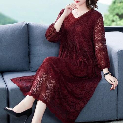 Spring Fall Casual Womens Clothes , Woman V Neck Lantern Sleeve Wine Red Black Lace Dress , Womans Elegant 4xl Dresses
