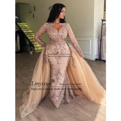 Arabic Champagne Sequin Mermaid Evening Dresses with Detachable Skirt V-Neck Dubai Women Prom Dresses Long Sleeves robe de soire