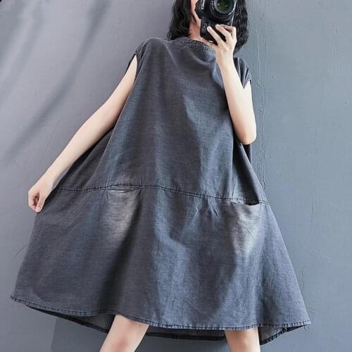 Plus Size Women Dress Vintage Thick Denim Jeans Big Size Vestidos Loose Lady Elegant Dresses Sleeveless Knee-Length A-Line