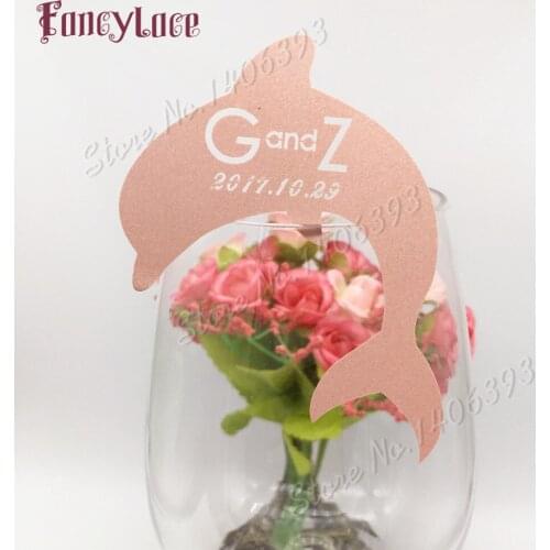60pcs/set Wedding Table Decoration Paper Place Cards Laser Cut Cute Dolphin Wine Glass Place Cards For Wedding Party Decoration