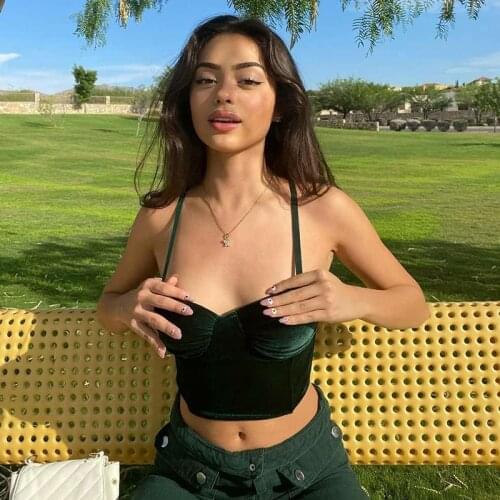 90s Velvet Spaghetti Strap Cropped Tops E-girl Vintage Solid Backless Green Cami Top Y2K Aesthetics Partywear Fashion Streetwear