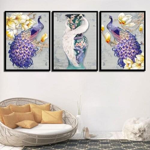 5D Diy Diamond Painting 3Piece Peacock Vase Flower Full Square Round Diamond embroidery Cross stitch Wedding DecorationZP-2513