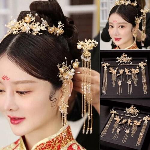 Flower Pearls Hairpins Sticks Sets Vintage Gold Color Hair Combs Earrings Jewelry Classical Style Hair Accessories BH