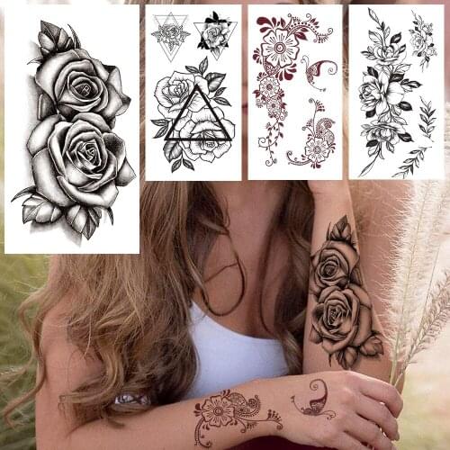 Rose Flowers Fake Temporary Tattoo For Women Girls India Lace Tattoos Triangle Floral Sweatpea Branch Waterproof Tatoos Body Art