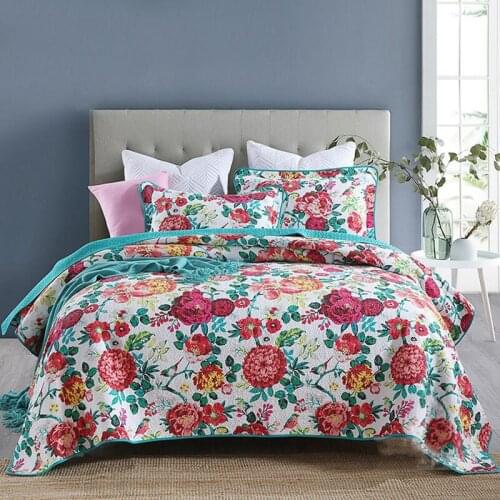 Flowers Print Bedspread Summer Quilt Set 3PCS Wash Cotton Blanket For Bed Cover With 2*Pillowcase King Queen Size Coverlet