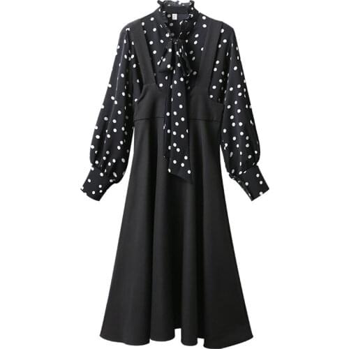 PERHAPS U Women Set Tow Pieces Black Sleeveless Button Strap Skirt Bow Collar Long Sleeve Polka Dot Top T0444