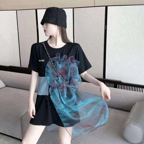 Summer Womens Organza Folds Irregular Denim Mesh Patchwork Black Tees Korean O-Neck Short-Sleeved Long T-shirt Loose Cotton Tops