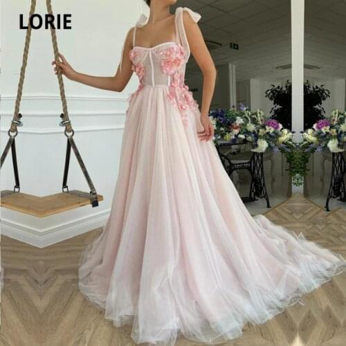 LORIE Pink Fairy Prom Dresses Appliques 3D Flowers Spaghetti Straps Tulle Evening Gown Celebrity Party Dress for Graduation 2021