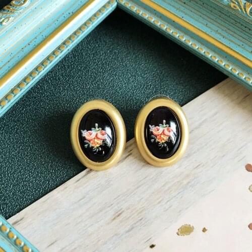 Flower Inside Resin Stud Earrings Oval Shape Matte Metal Cute Ear Accessories For Womens Jewelry
