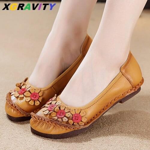 New Branded Plus Size 35-41 Women Flat Shoes Cow Genuine Leather Round Toe Vintage Ladies Flats Female Retro Shoes Flower Loafer