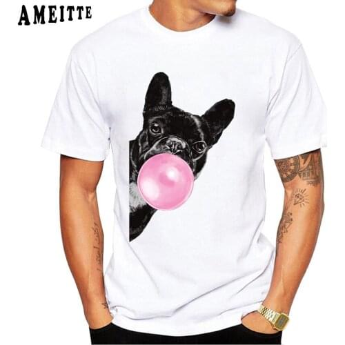 Hip Hop Punk Fashion Men Short Sleeve Sneaky Black French bulldog Blowing Bubble Gum Print T-Shirt Funny Boy Casual Tops Man Tee