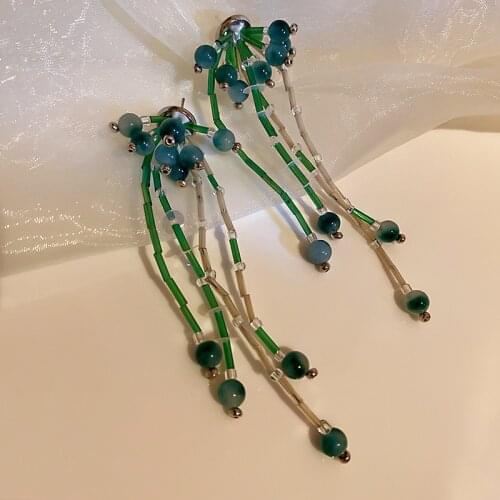 2021 New Korean Geometric Modelling Green Crystal Drop Earrings Long Atmosphere Hyperbole Style Women Earrings Joker Jewelry