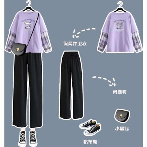 Single/Suit Spring/Summer Female Fashion Long Sleeve T-shirt Student Korean Style False Two-Piece Top Loose Bottoming Shirt Wide