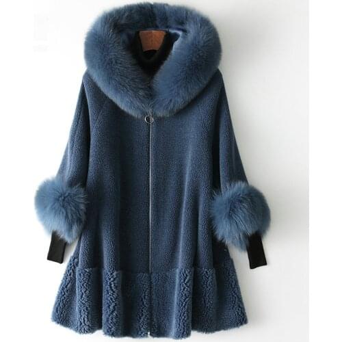 Real Fur Coat Female Sheep Shearling Fur Korean Jackets 2020 Winter Jacket Women Fox Fur Collar Long Wool Coats MY3535