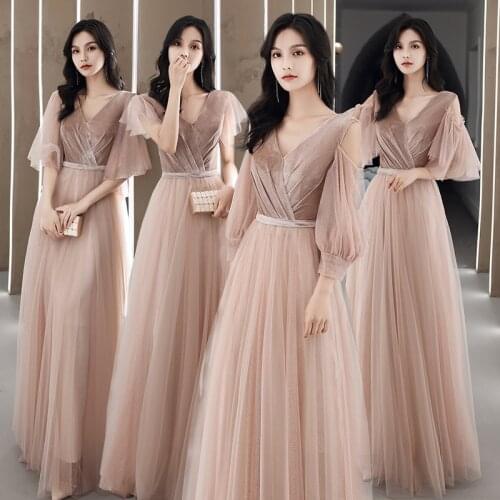 Bridesmaids Dresses Illusion Floor-Length A-Line Pleat V-Neck Pink Full Lace Tulle Off The Shoulder Lady Wedding Party Gown E108