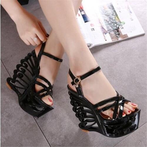 New Sexy Narrow Band Peep toe Sandals Summer Fashion Novelty Women Hollow Platform Wedge 15cm High Heel Nightclub Dress Shoes
