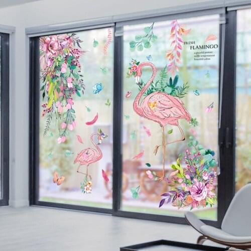 [shijuekongjian] Flower Leaves Wall Sticker DIY Flamingo Animal Wall Decals for Kids Bedroom Baby Room Nursery House Decoration