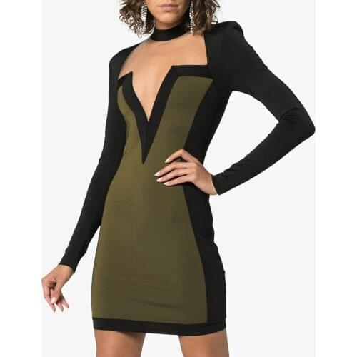 Chic Colorblock Contrast Women Bandage Mini Dress 2018 New Slim Long Sleeve Cut Out Sexy Sheath Party Dress