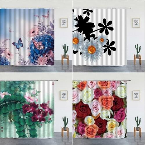 Flowers Butterfly Print Shower Curtains Set Rose Floral Plant Landscape Bathroom Decor Bathtub Screen Polyester Fabric With Hook