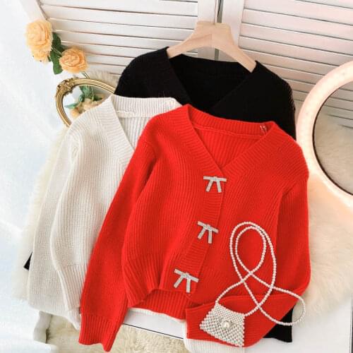 SINGREINY Women Knitted Cardigan Sweet Bow Long Sleeve V Neck Loose Sweater 2021 Autumn Winter Korean Fashion Casual Outerwear
