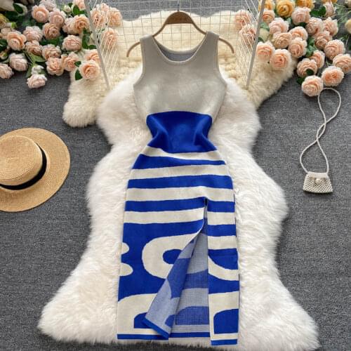 Summer Slim Striped pattern of knitted jacquard Bohemia Sweater Dress Fashion Streetwear Blue Summer Split Knit Sweater Dress