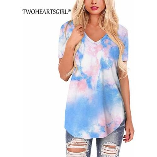 Women Blue Pink Tie-dye T-shirt Gradient V Neck Short Sleeve T Shirt Top Fashion Summer Ladies Tshirts Camisetas De Mujer 2021