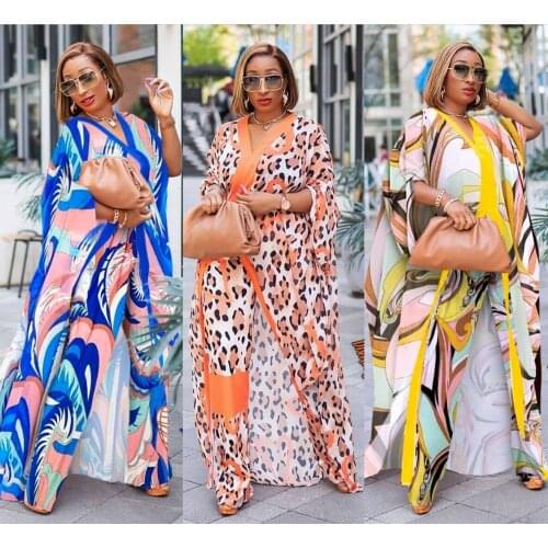 Womens Fashion Classic Design African Clothes Dashiki Print Leopard Chiffon Fabric Long Dress + Trousers Two Piece Set