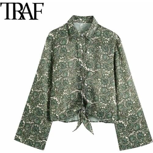 TRAF Women Fashion With Bow Tied Totem Print Cozy Blouses Vintage Long Sleeve Button-up Female Shirts Blusas Chic Tops