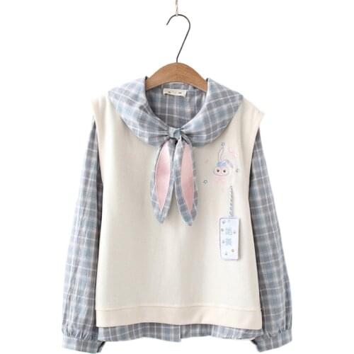 Womens Casual Sets Cotton Plaid Shirts And Cartoon Embroidery Sleeveless Knitted Vest Female 2021 Summer Two Piece Set Clothing