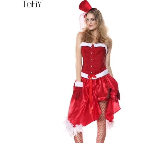 TaFiY Newest Sexy Adult Women Christmas Costume Halloween Party Costumes Sleeveless Miss Santa Cosplay Dress+Hat+Gloves 3pcs/Set