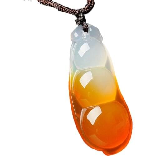Women Orange Necklace Pendant White Chalcedony Agate Lucky Bean Pendant Free Rope Gift for Female Fine Jade Jewelry