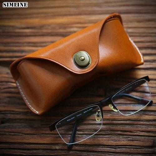 SIMLINE Genuine Leather Eye Glasses Case Vintage Handmade Hard Eyewear Accessories Sunglasses Cases Spectacles Box Bag Holder