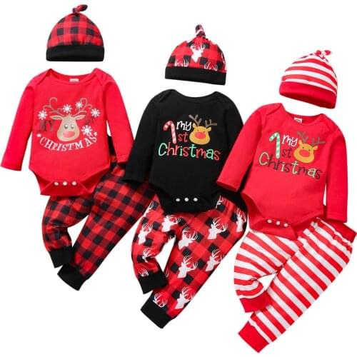 Infant Baby Girls Boys My First Christmas Outfits, Long Sleeve Letter Deer Print Romper + Pants + Hat Set