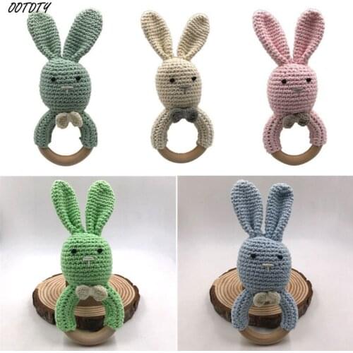 Baby Unisex Cartoon Bunny Ear Teether BPA Free Natural Wooden Cotton Crochet Teething Ring Newborn Sensory Toy Shower Gift