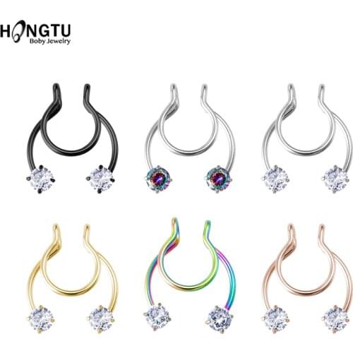 1-6PCS Hot Fake Nose Ring Clips Women Men Cubic Zirconia Fake Nose Piercing Stainless Steel Nose Rings 18G Fake Piercing Jewelry