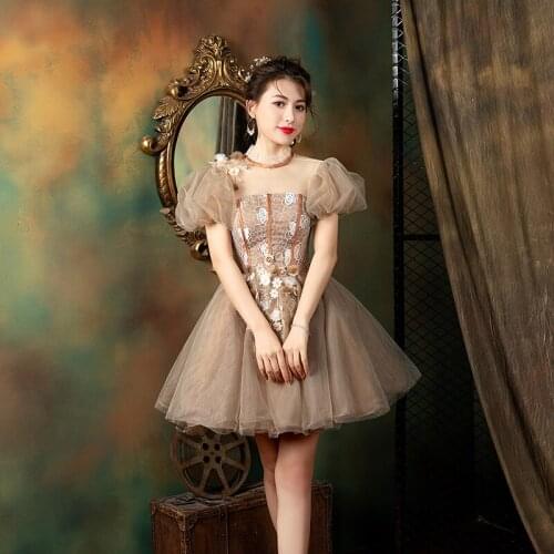 Coffee summer lace fairy short sweet lady girl women princess bridesmaid banquet party dress gown free shipping