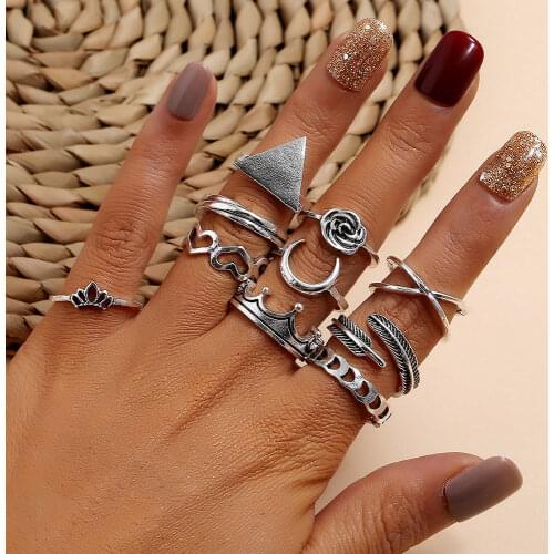 Modyle Women Fashion Ring Leaf Flower Geometry Silver Color Rings Set Party Wedding Charm Jewelry Accessories